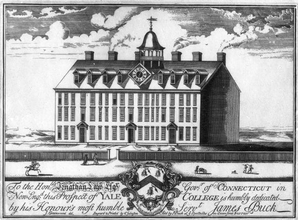 Engraving of Connecticut Hall, Yale's first permanent building, completed in 1752. The engraving shows a front view of the original Yale building, and a fence, pedestrians, and a man on horseback before it. The text below reads, "To the Honorable Jonathon Law, Governor of Connecticut in New England, this Prospect of Yale College is humbly dedicated by his Honour's most humble Servant James Buck."  Engraved and Printed by T. Johnston. Published by Charles E. Goodspeed, 1911.  Re-engraved by Sidney L. Smith. Sold by I. Buck at ye Spectacles in Queenstreet, Boston.