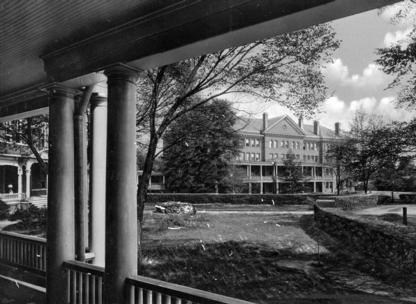 View from the porch of Upshaw Hall toward Tift Hall on the campus of Bessie Tift College, founded in 1849.