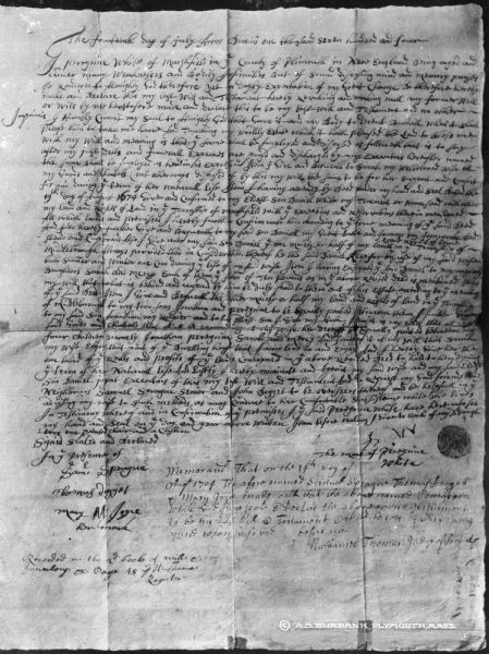Manuscript of the original will of Peregrine White (1620-1704).  Copyright by A.S. Burbank, Plymouth, Mass.