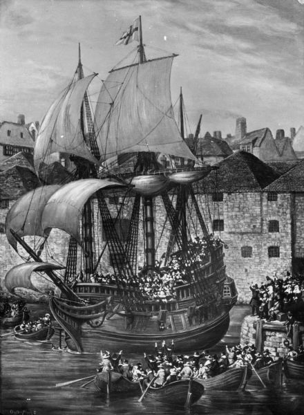 View of a painting depicting the pilgrim voyage from England in 1620.  A large ship containing many passengers sails out of the English harbor.  People in smaller boats and on the shore wave to the ship's passengers. Beyond the water, many residential buildings can be seen.