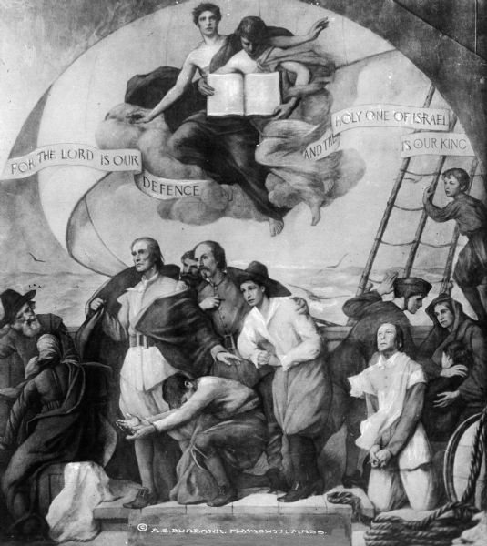 View of a painting entitled, "The Pilgrims Sighting Land."  Men and women look into the distance at the shore while on a ship.  Above, a banner reads, "For the Lord is our Defence and the Holy One of Israel is Our King."