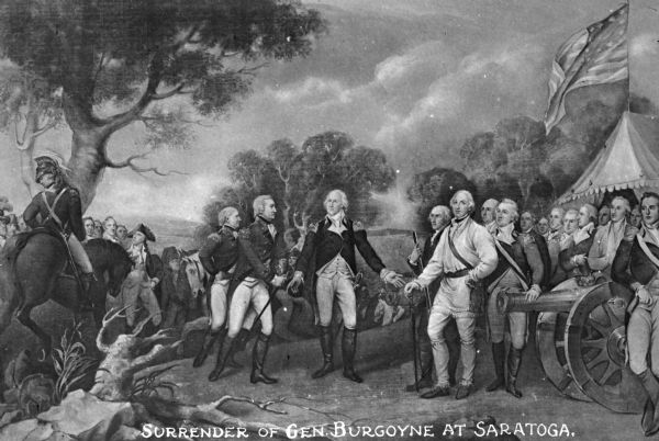 Print made after John Trumball's painting, "Surrender of General Burgoyne," completed in 1822.  The piece depicts General Horatio Gates in the center and General Burgoyne to his left, offering a sword.
