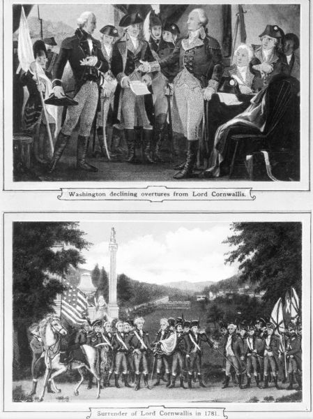 A view of two copies of paintings relating to Yorktown, Virginia.  The top copy is entitled, "Washington Declining Overtures from Lord Cornwallis," and below it, the copy is entitled, "Surrender of Lord Cornwallis in 1781."