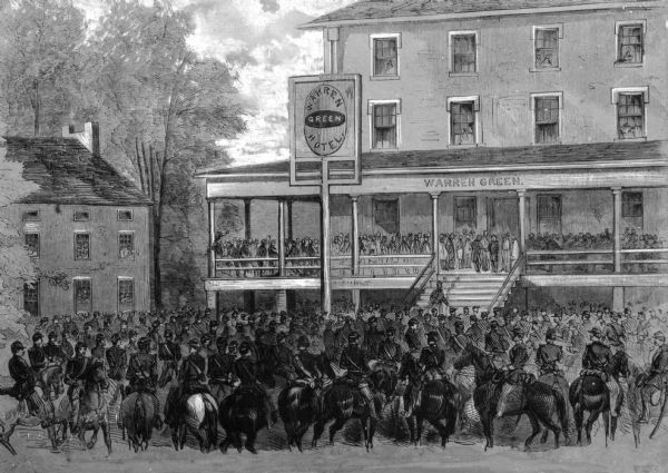 Lithograph entitled, "McClellan's Farewell to his Officers."  A great crowd can be seen in front of the Warren Green Hotel in Warrenton, Virginia, built in 1819.  The print commemorates November 11, 1862, the date in which McClellan was relieved of command of the Army of the Potomac.