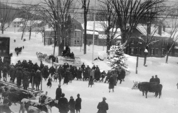 Elevated view of central square during a winter carnival. Crowds are gathered around a horse-drawn sleigh. Residential buildings are in the background.