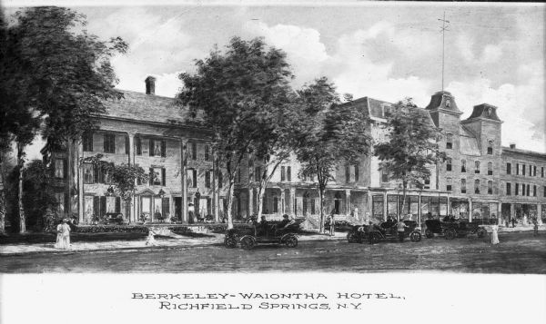Painting of view across road toward the hotel. Three automobiles are parked outside the hotel and people are walking along the sidewalk. Caption reads: "Berkeley-Waiontha Hotel, Richfield Springs, N.Y."