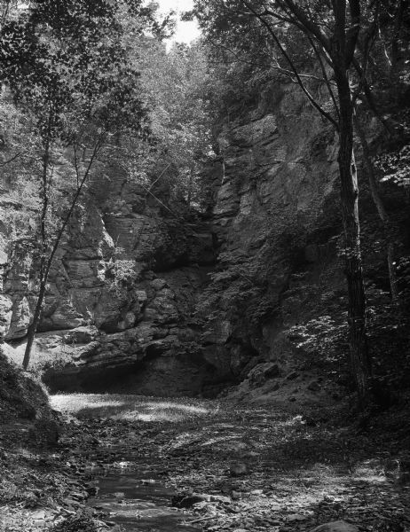 View of Mitchell's Glen, formerly owned by S.D. Mitchell. Rock formations are in a wooded area.