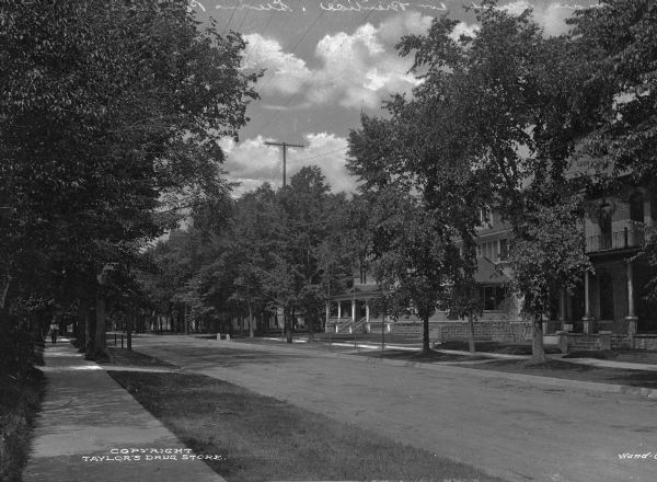 View from sidewalk down tree-lined Main Street at Prentice. A man is walking down the sidewalks.