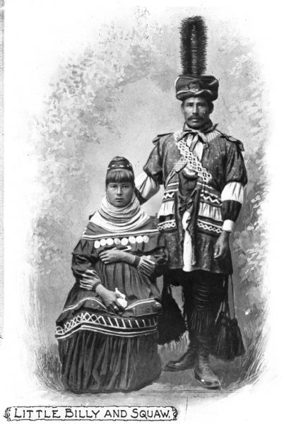 Portrait of a Seminole Indian called Little Billy with his wife. Caption reads: "Little Billy and Squaw."