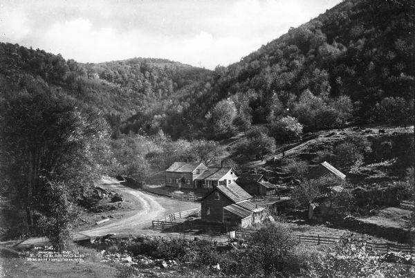 View of a mountain pass named Dunville Notch. A group of farmhouses are located among trees and a dirt road.