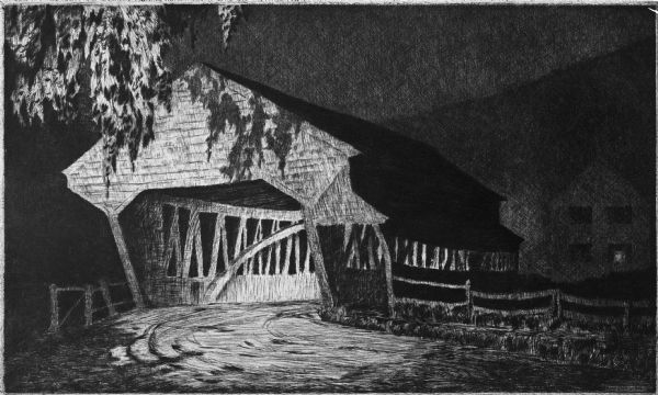 Etching of a covered bridge by Alice Standish Buell (1892-1964).