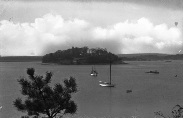 Elevated view of Wickets Island, a small island in a bay with dense foliage.  A large tower is  on the island and boats are in the bay.
