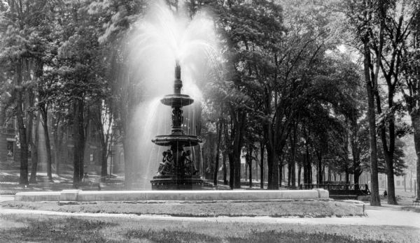 View of a figural fountain in Taylor Park, given to the town by John Gregory Smith in 1887.