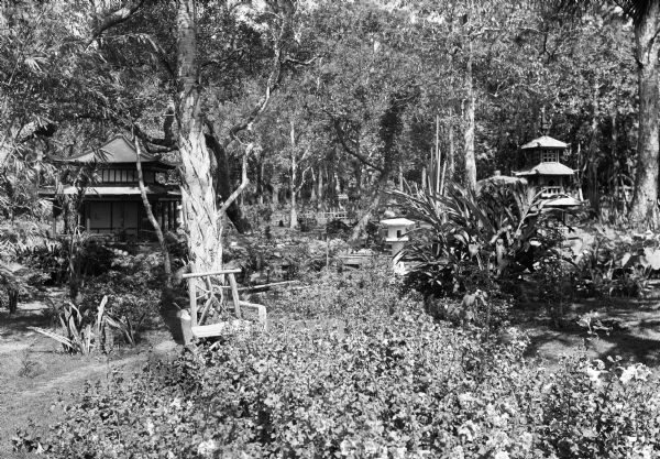 View of the Eagles Nest, a Japanese Garden featuring a building amongst plants and outdoor furniture.