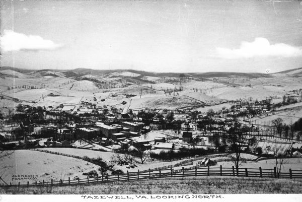 Elevated view of the town and countryside, looking north.  Published by Jackson's Pharmacy.