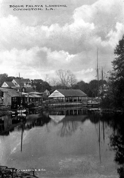 View from across the water of Bogue Falaya Landing and Boat House.  Published by C.C. Champagne & Co.