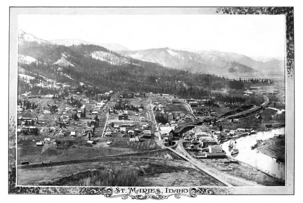 Elevated view of a town located on the St. Joe River.