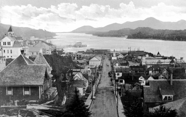 Elevated view of the business district showing Tongass Narrows in the background.