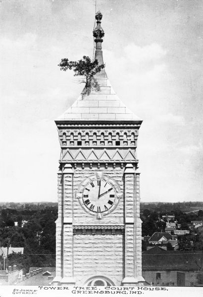 View of the clock tower of the Decatur County Courthouse, built from 1854-1860. The tree growing from the top of the tower was first noticed in the early 1870's. Caption reads: "Tower Tree, Court House, Greenburg, Ind."