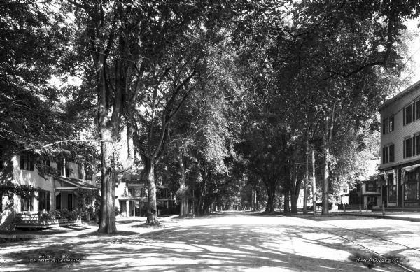 View down Main Street, looking north.  Residences and shops can be seen along the wide, tree-lined street.  Published by Frank A. Gould.