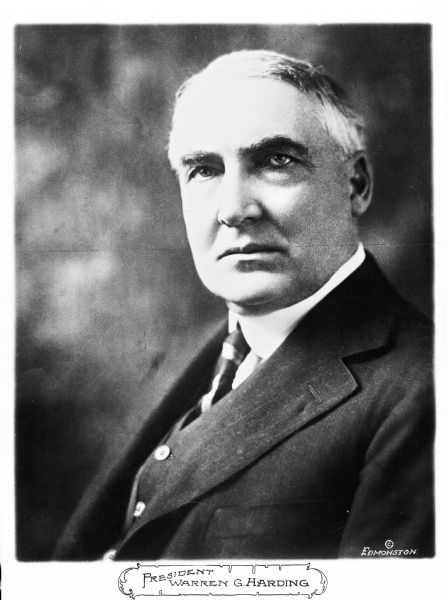 Photographic portrait of President Warren G. Harding (1865-1923). Copyright by Edmonston.