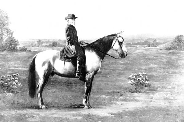 Copy of a painting of General Robert E. Lee (1807-1870) on his horse, Traveller.  The original painting was found in Stratford Hall, the ancestral home of his family.