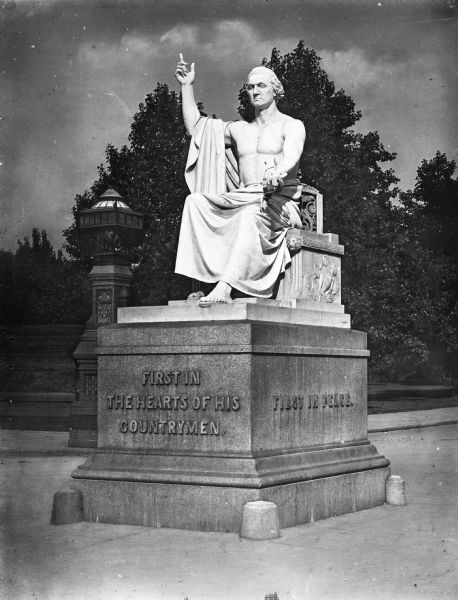 View of a statue of George Washington in classical Roman guise by Horatio Greenough (1805-1852). The statue, commissioned in 1832 for the centennial of U.S President George Washington's birth, was completed in 1840, and stands on a podium on the United States Capitol Grounds.