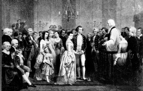 Lithograph of 'The Marriage of George Washington and Martha Curtis, 1759,' by Renier Lemercier in 1854.