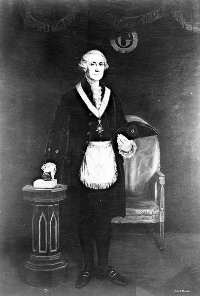 Portrait of George Washington (1732-1799) in Masonic regalia as Master of his Lodge Alexandria-Washington Lodge No.22. The painting, by Hattie E. Burdette, was produced for the George Washington Bicentennial Commission in 1932.