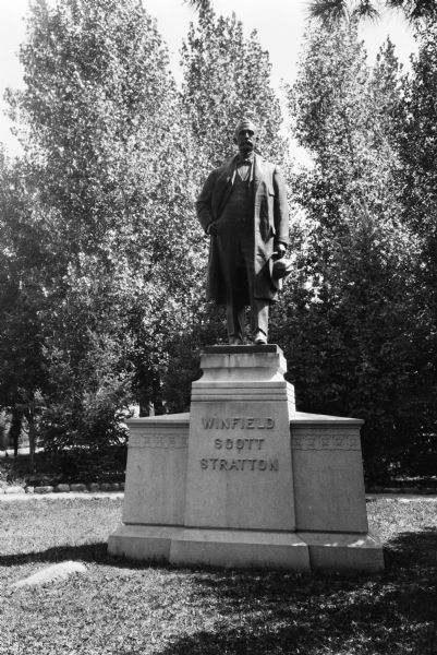 Statue of Winfield Scott Stratton (1848-1902), Cripple Creek district's first millionaire.  The bronze statue was completed in 1909 by Nellie Walker.