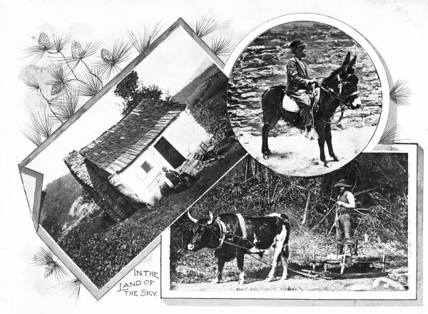 Composite view of a man sitting in front of a cabin, a boy riding a donkey, and a man driving an ox-drawn sledge.