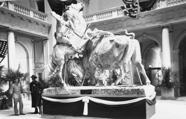 View of the statue, "Indian Buffalo Hunt," by Henry Bush-Brown. The sculpture was exhibited at the Jamestown Exposition.