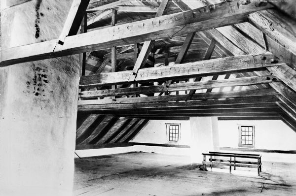 View of the attic of the Dey Mansion, constructed by Dirck Dey in the 1740s.  The attic features a beamed interior.