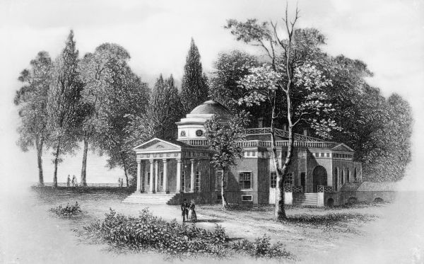 Drawing of the exterior view of Monticello, built in 1769 by Thomas Jefferson. The residence features a colonnaded front porch and a central dome. The print depicts the home in colonial times.