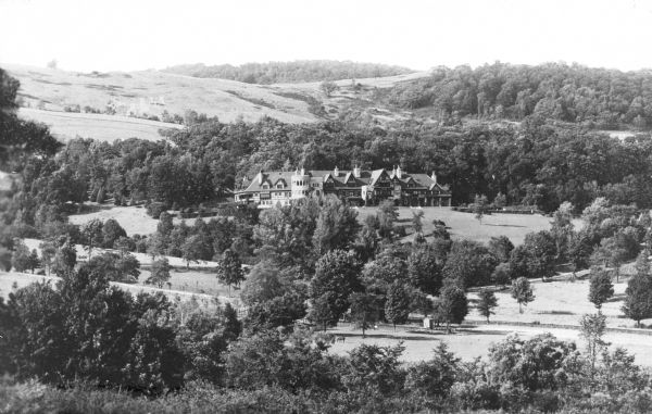 View of Old English, an estate in a valley setting of the late Mr. Andrew Carnegie.  Later, the building was used as St. Stanislaus Novitiate.