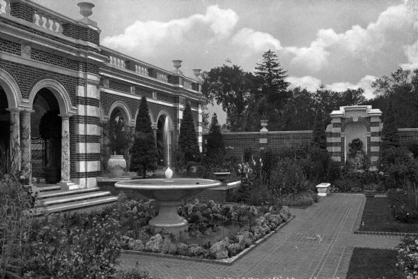 View of the Italian gardens at Brookside, the luxurious estate of Mr. W.H. Walker.  The gardens were designed by landscape architect, Ferruccia Vitale.
