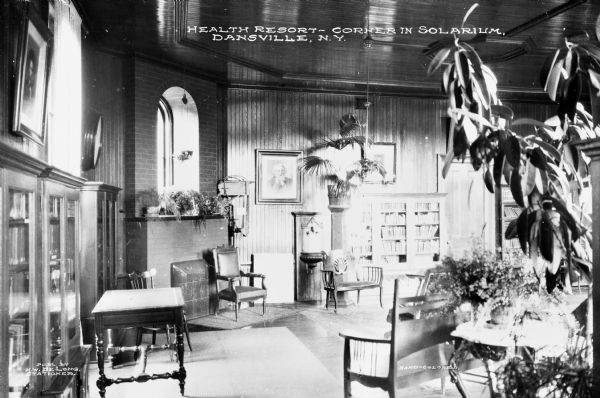 Formerly known as Jackson Health Resort, the sanatorium was re-established and named Physical Culture Hotel by Bernarr MacFadden in 1929.  The view features a corner in the solarium with furniture, bookshelves, and potted plants.  Published by H.W. De Long, Stationer.