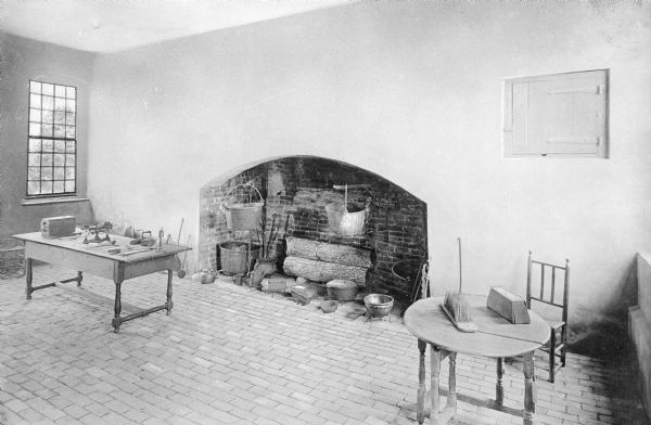 Interior view of the Stratford Hall kitchen, featuring an extensive hearth.  Built in 1725, Stratford Hall was the ancestral home of the family of Robert E. Lee.