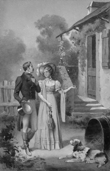 Illustration drawing, completed around 1825, of a couple standing before a rose-covered cottage. A dog is lying on the ground by their feet.