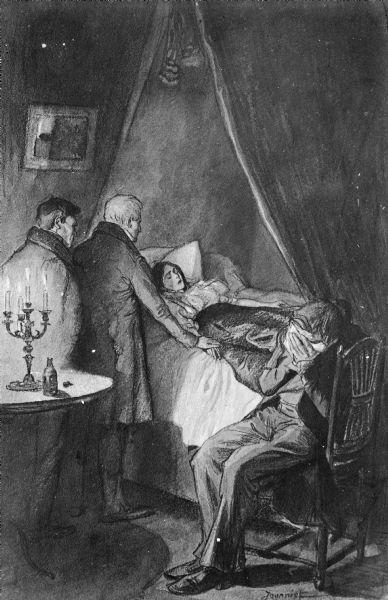 Illustration drawing of a European deathbed scene around 1850.