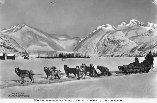 View of a dog team pulling a sled on the Fairbanks-Valdez Trail. In the background are cabins and mountains. Published by Chisholm & Hall.