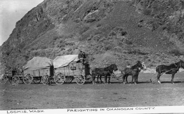 A couple sits atop a covered wagon pulled by mules. In the background is a steep hill. Another man squats near the wagon with his arms around a dog.