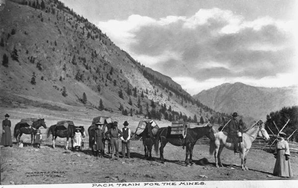 View of a family posed before a pack train, heading toward the mines.