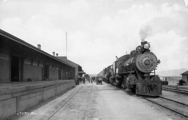 A crowd is gathered on railroad tracks near passenger cars outside Southern Pacific Depot, built in 1880. Published by S. Friedman.