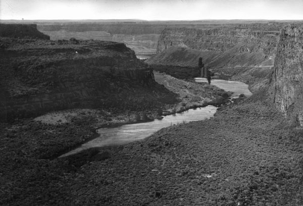 Elevated view down the Snake River Canyon toward the Blue Lakes, near Twin Falls. The canyon is formed by the Snake River in the Magic Valley region of southern Idaho.