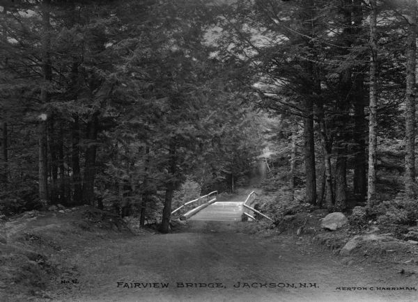 Fairview Bridge, a wooden plank and log footbridge over a wooded gully. Caption reads: "Fairview Bridge, Jackson, N.H."
