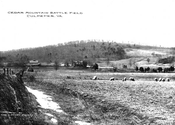 A view of the Cedar Mountain Battlefield. Caption reads: "Cedar Mountain Battle Field, Culpeper, VA."