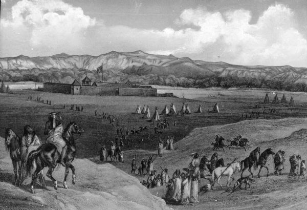An illustrated view of Fort Union (on the North Dakota-Montana boundary), with an Indian encampment.
