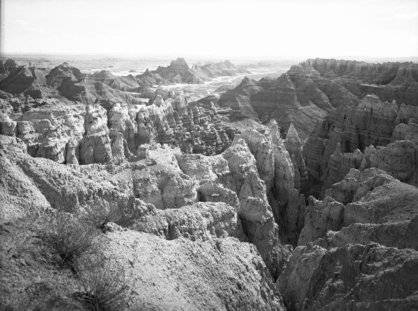 Elevated view of the rocky outcroppings of the Badlands landscape.