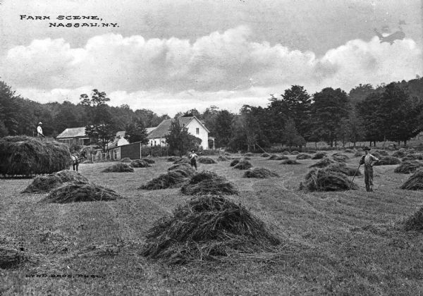 Three farmers scattered around a field strewn with piles of hay, and a man standing on a pile of hay on a wagon. There is a farmhouse and other buildings in the background. Caption reads: "Farm Scene, Nassau, N.Y."
